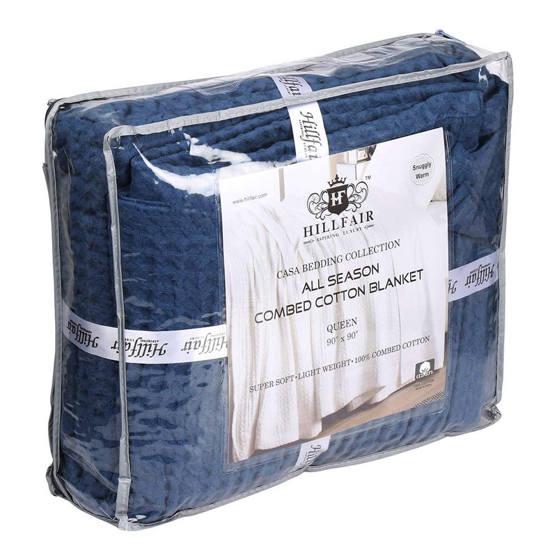 HILLFAIR 100% Combed Cotton Blanketâ€“ Twin Size Bed Blanketsâ€“ Warm Soft All Season Breathable Lightweight Summer Blanketsâ€“ Waffle Weave Home Decor Bed Blanket- Navy Twin Bed Cotton Blankets/Bedcovers - Image 4